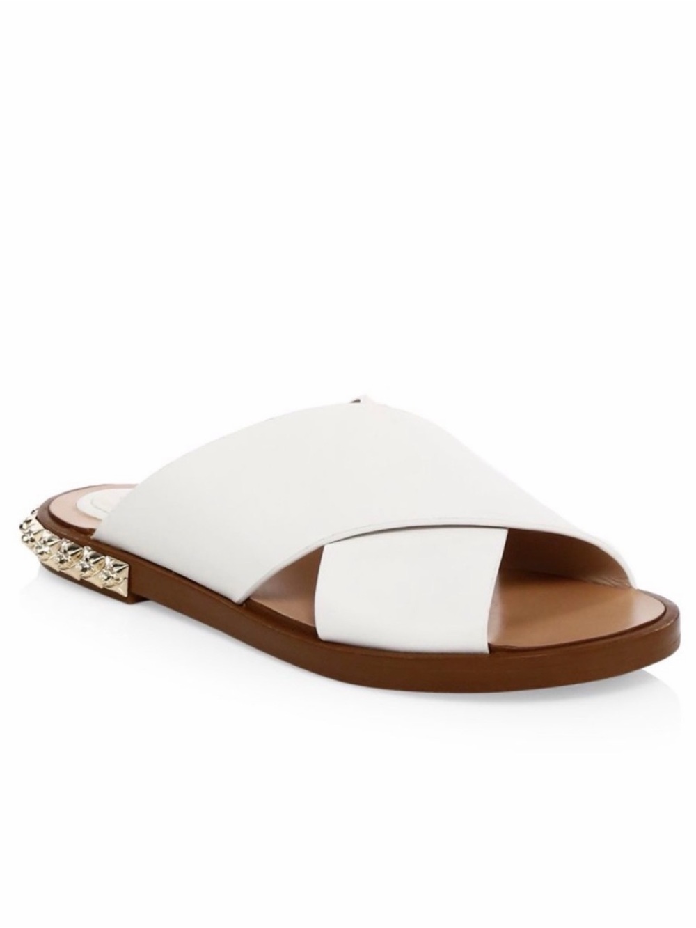 Stuart Weitzman White Crisscross Slide Sandal with Gold Stud Accent